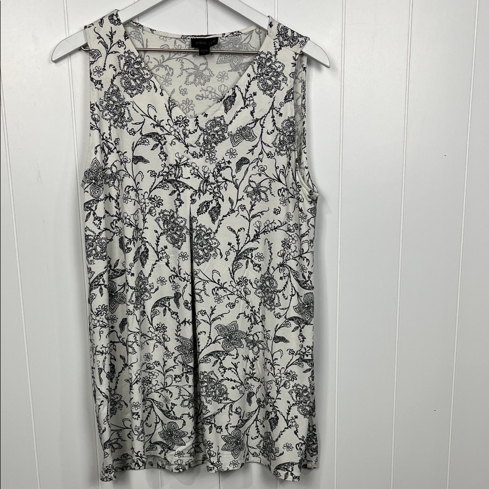 J. Jill Womens Sleeveless Tunic L Black White Floral Pullover Sleeveless Relaxed